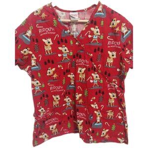 Rudolph the Red Nosed Reindeer Christmas Scrub Shirt Top Peds Dentist Vet Sz L